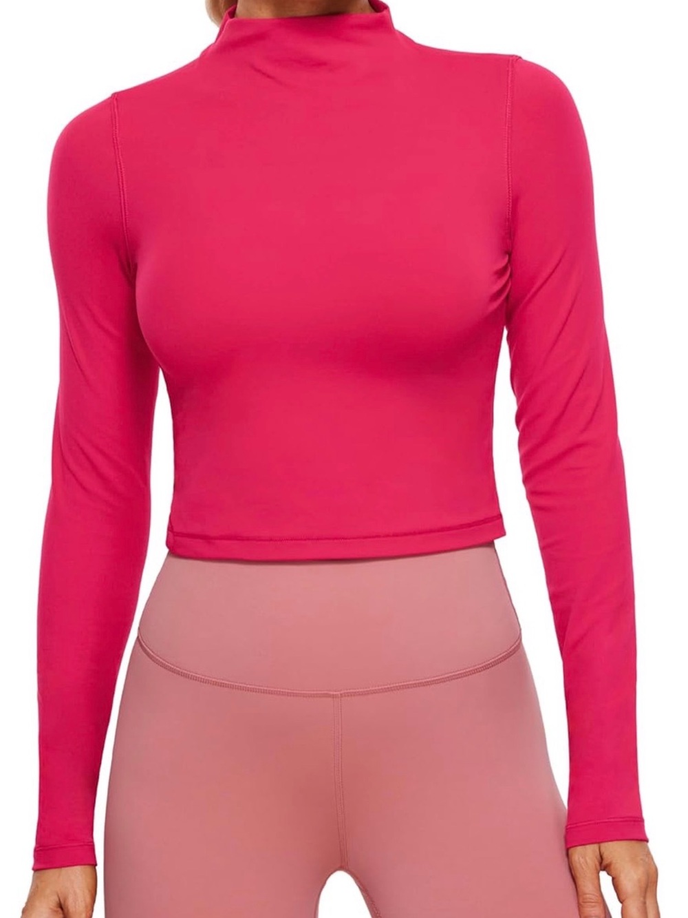 Women’s Long Sleeve Mock Neck Crop Top - Hot Pink
